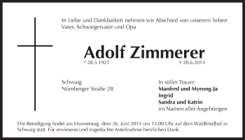 Traueranzeige von Adolf Zimmerer von Pegnitz-Zeitung
